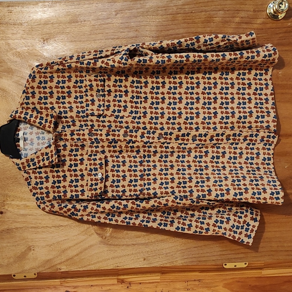 NWOT entro Mens Corduroy Button-Up Shirt Daisy Print Tan Navy Rust Mod Retro 2X